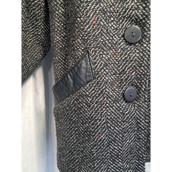 Vintage 80s Ann-Gee Wool Blend Coat XL Black Lined Tweed Leather Trim 11/12 - Picture 10 of 14